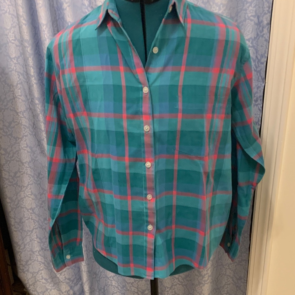 Vintage Teal and Pink Plaid Button Down Shirt